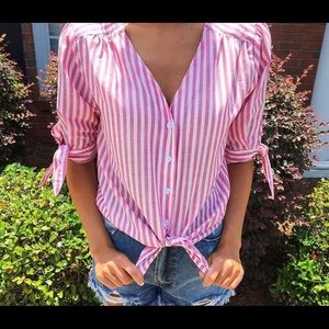 Pink and white striped button up